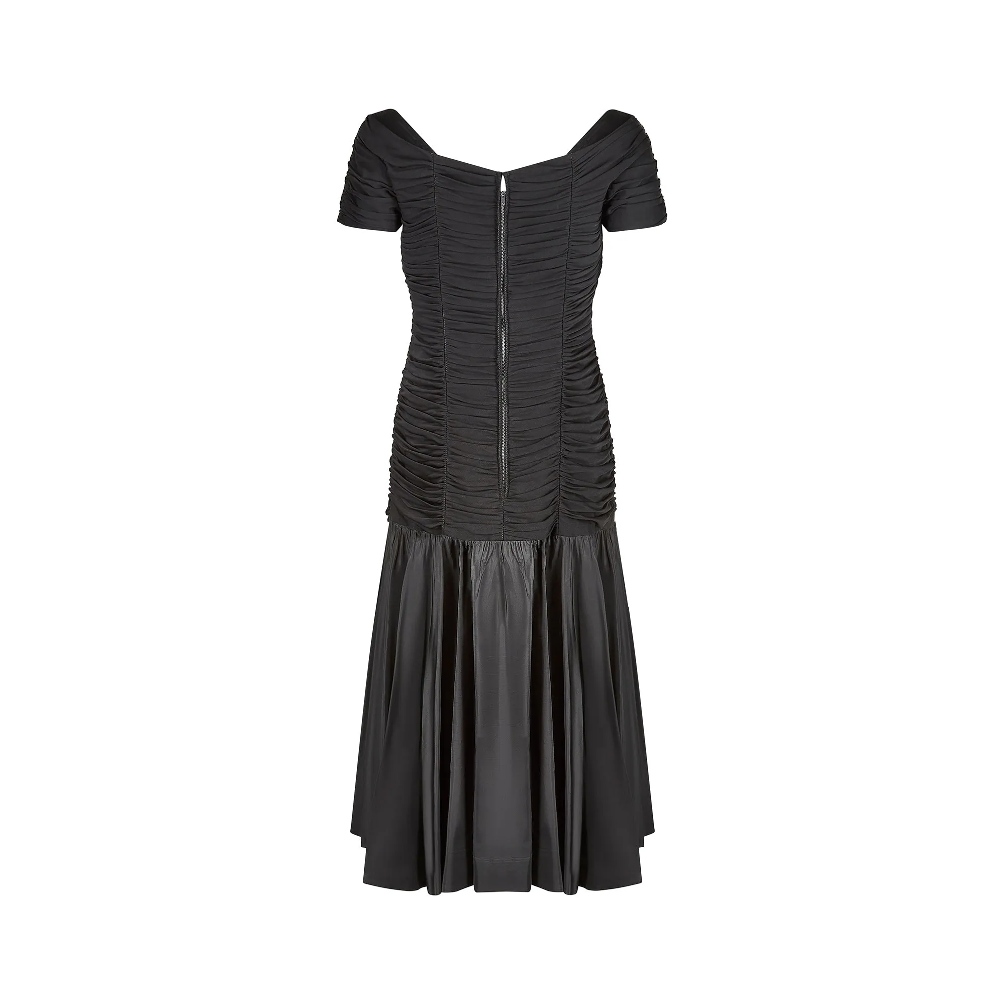 1950s Ceil Chapman Black Taffeta and Ruched Silk Jersey Dress