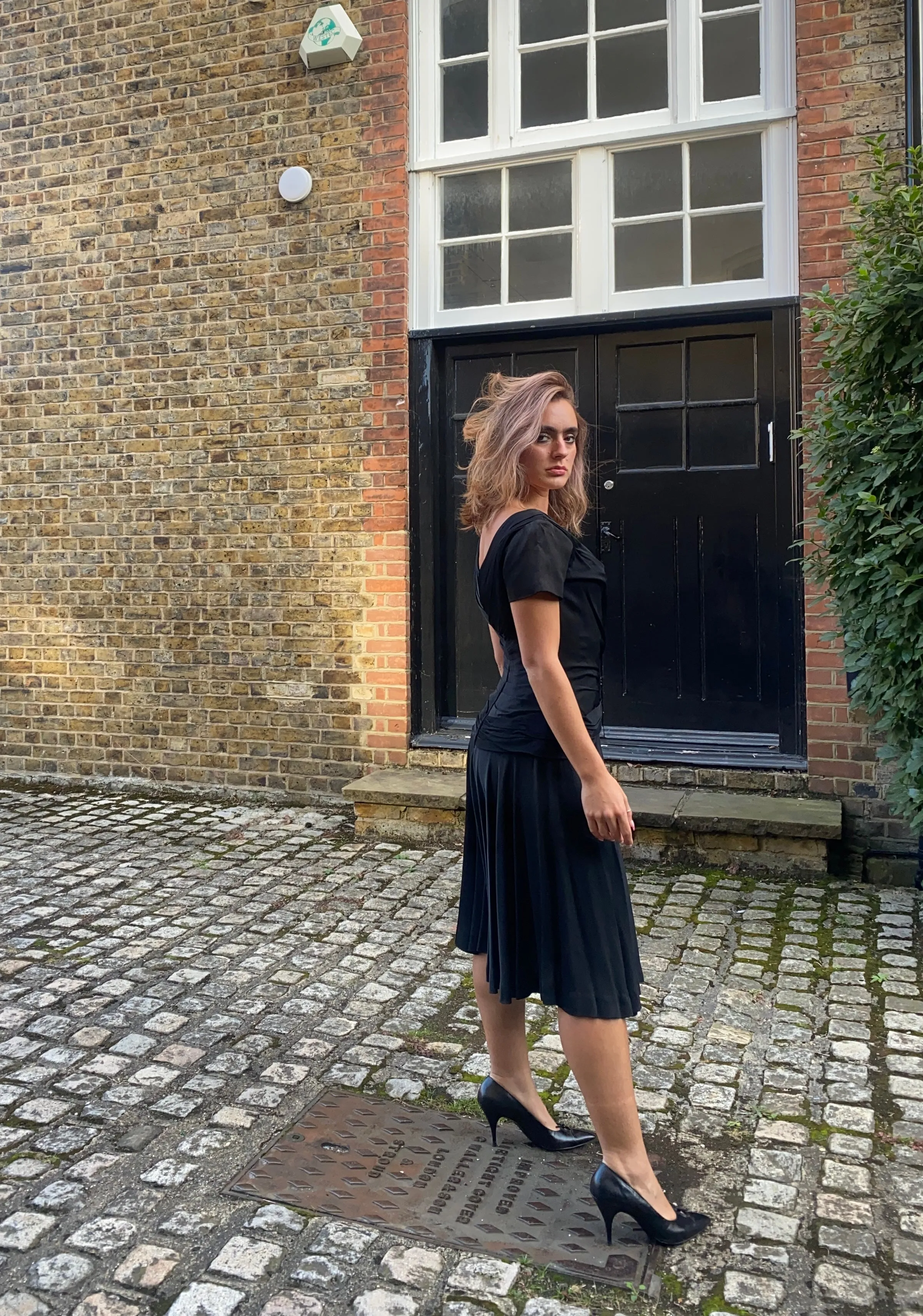 1950s Ceil Chapman Black Taffeta and Ruched Silk Jersey Dress