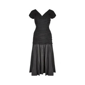 1950s Ceil Chapman Black Taffeta and Ruched Silk Jersey Dress