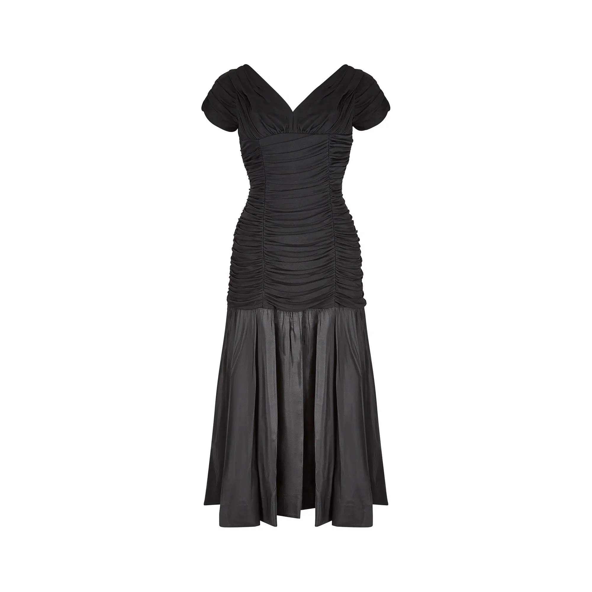 1950s Ceil Chapman Black Taffeta and Ruched Silk Jersey Dress