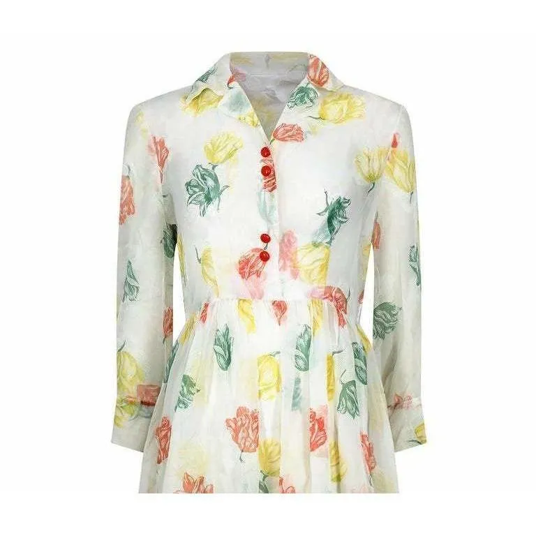 1950s Organza Floral Tulip Print Shirt Dress