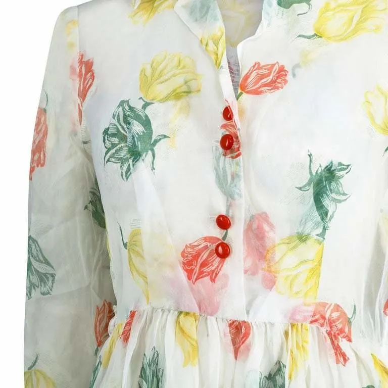 1950s Organza Floral Tulip Print Shirt Dress