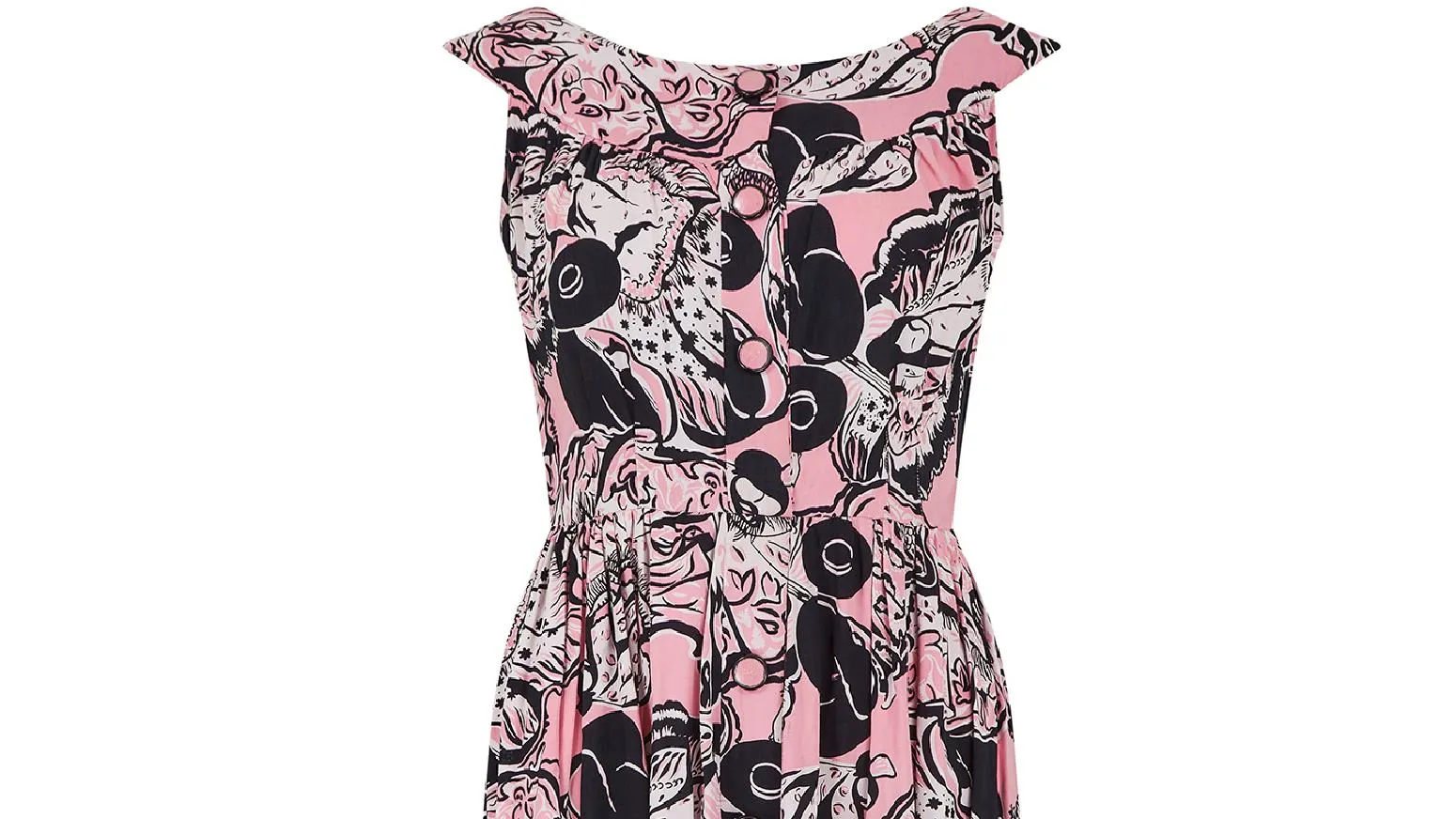 1950s Pink and Black Novelty Geisha Print Button Down Dress