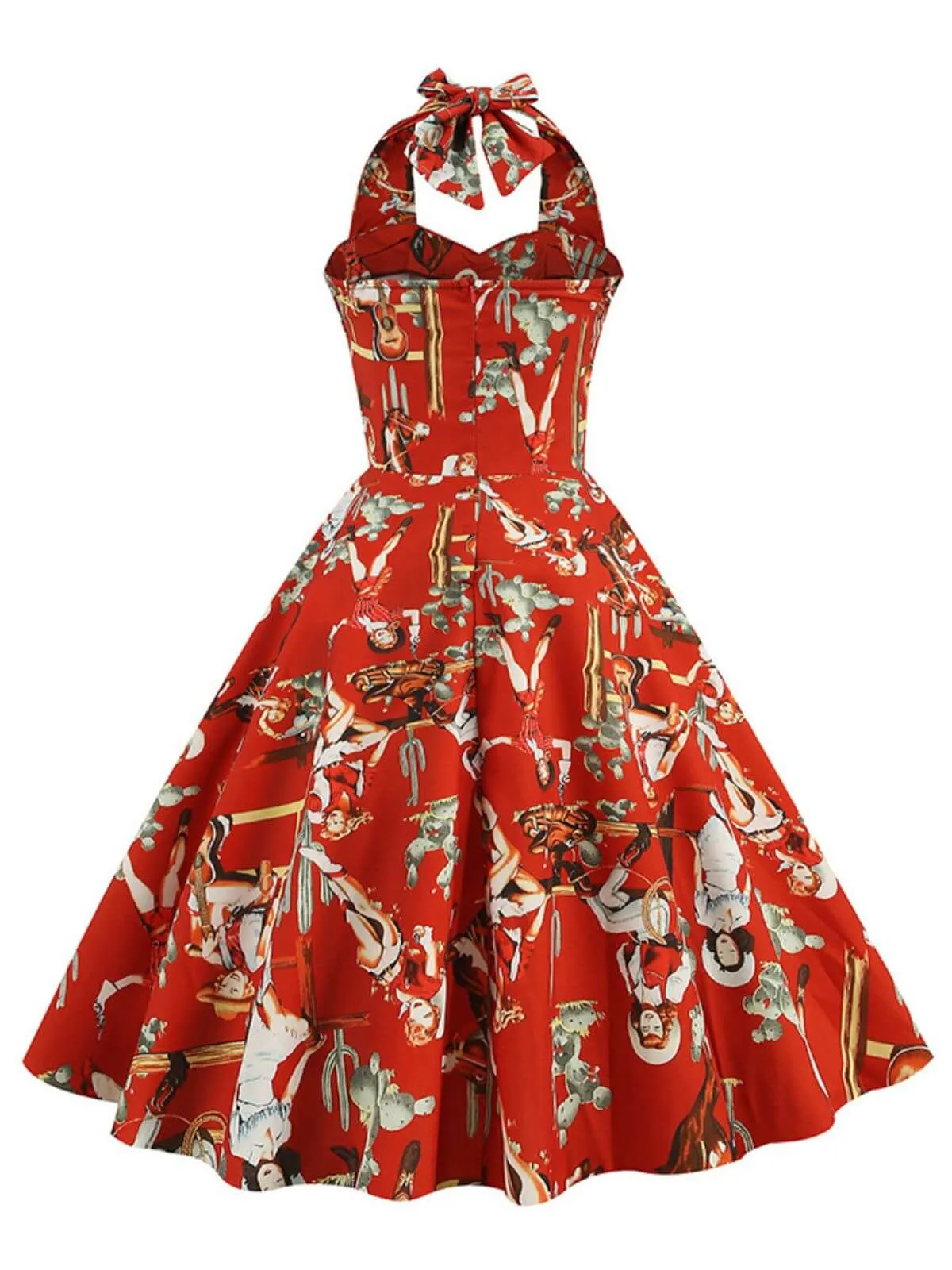 1950s Retro Pictorial Halter Swing Dress