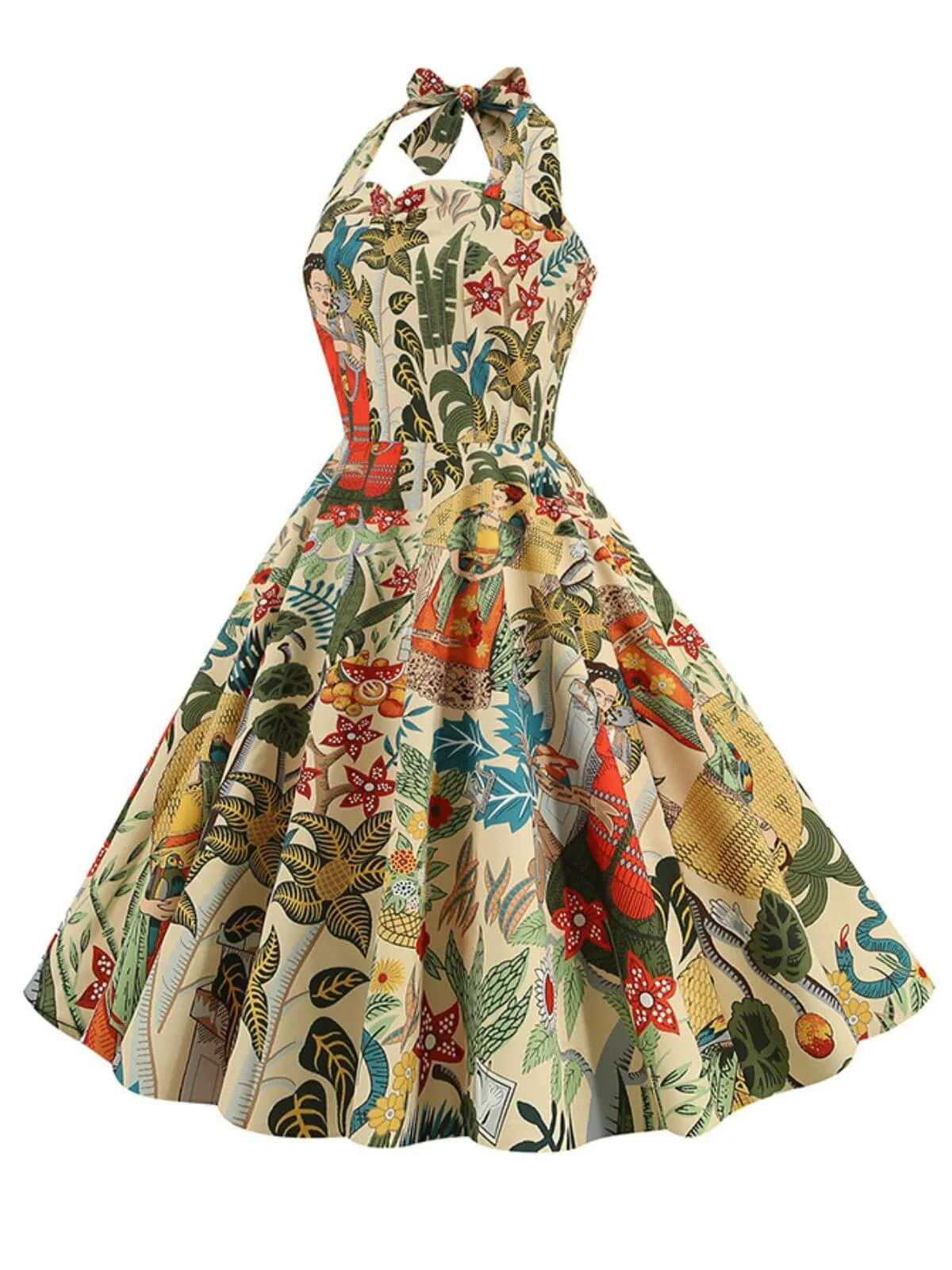 1950s Retro Pictorial Halter Swing Dress