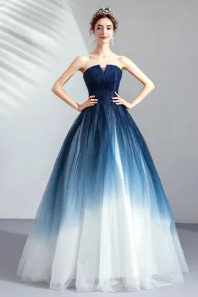 A line Blue Ombre Prom Dresses Lace up Sweetheart Strapless Formal Dresses