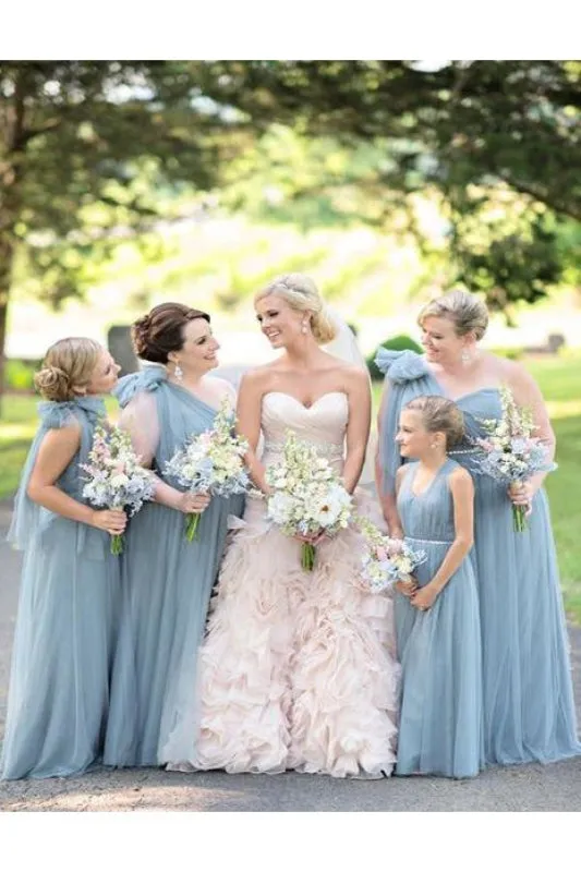 A Line Cheap Floor Length One Shoulder Tulle Bridesmaid Dress