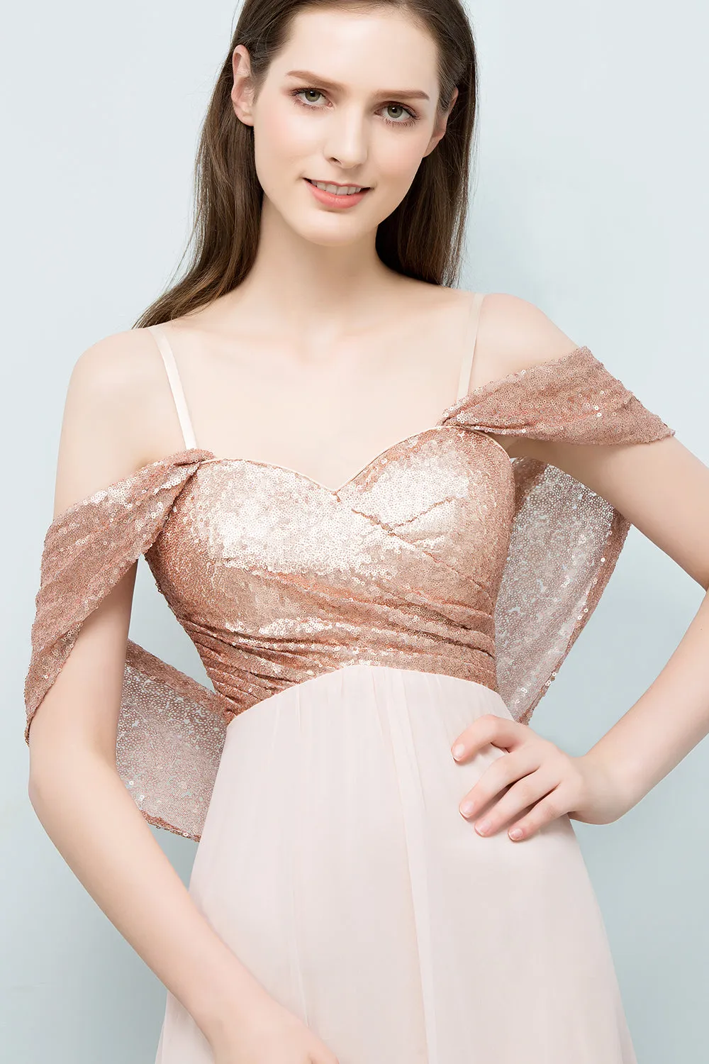 A-line Chiffon Sequins Straps Sweetheart Long Bridesmaid Dresses with Sleeves