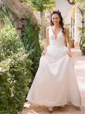 A-line Deep V-neck Sleeveless Simple Backless Long Wedding Dresses, WD0493