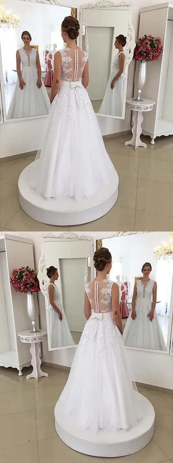 A-line Floor-length Appliques Deep V-neck Sleeveless Wedding Dresses, WD0413