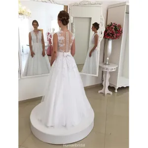 A-line Floor-length Appliques Deep V-neck Sleeveless Wedding Dresses, WD0413