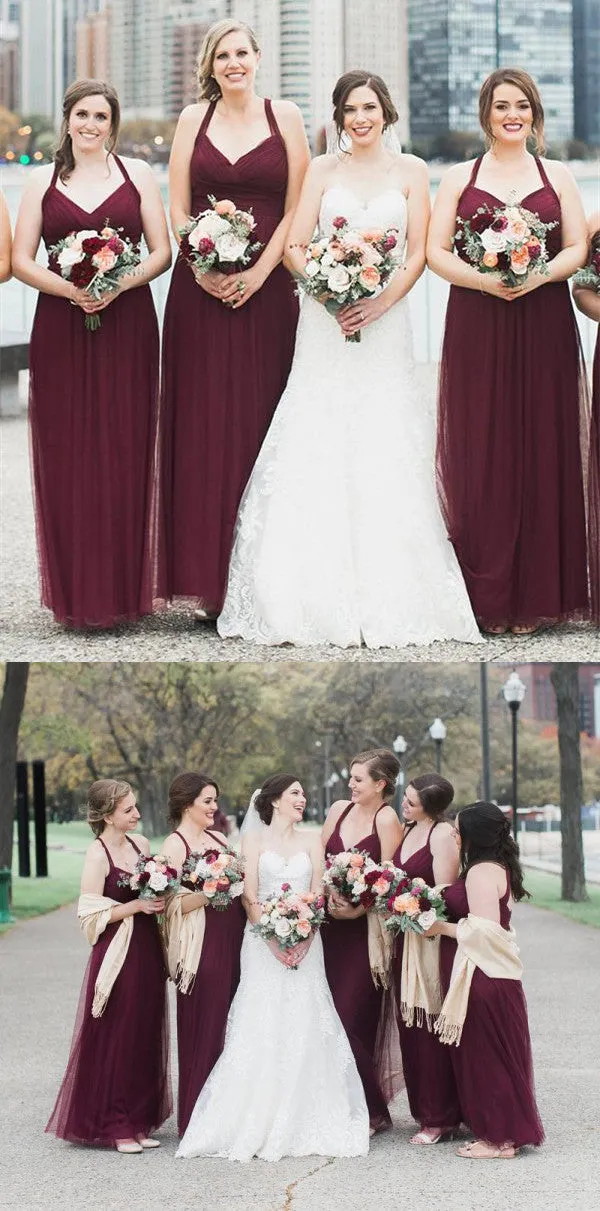 A-line Floor-length Burgundy Long Tulle Bridesmaid Dresses, BD0598