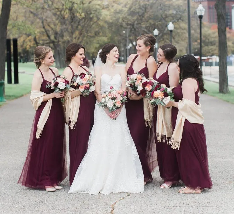 A-line Floor-length Burgundy Long Tulle Bridesmaid Dresses, BD0598