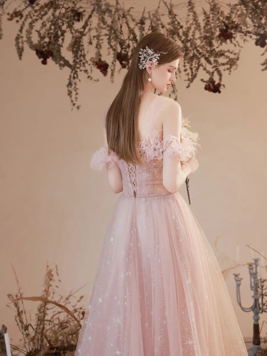 A Line Pink Long Prom Dresses, Off Shoulder Pink Formal Dress with Beading Flowers