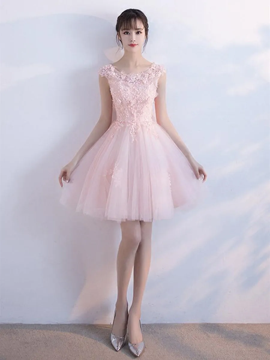 A Line Round Neck Short Pink Lace Prom Dresses, Pink Lace Formal Graduation Homecoming Dresses