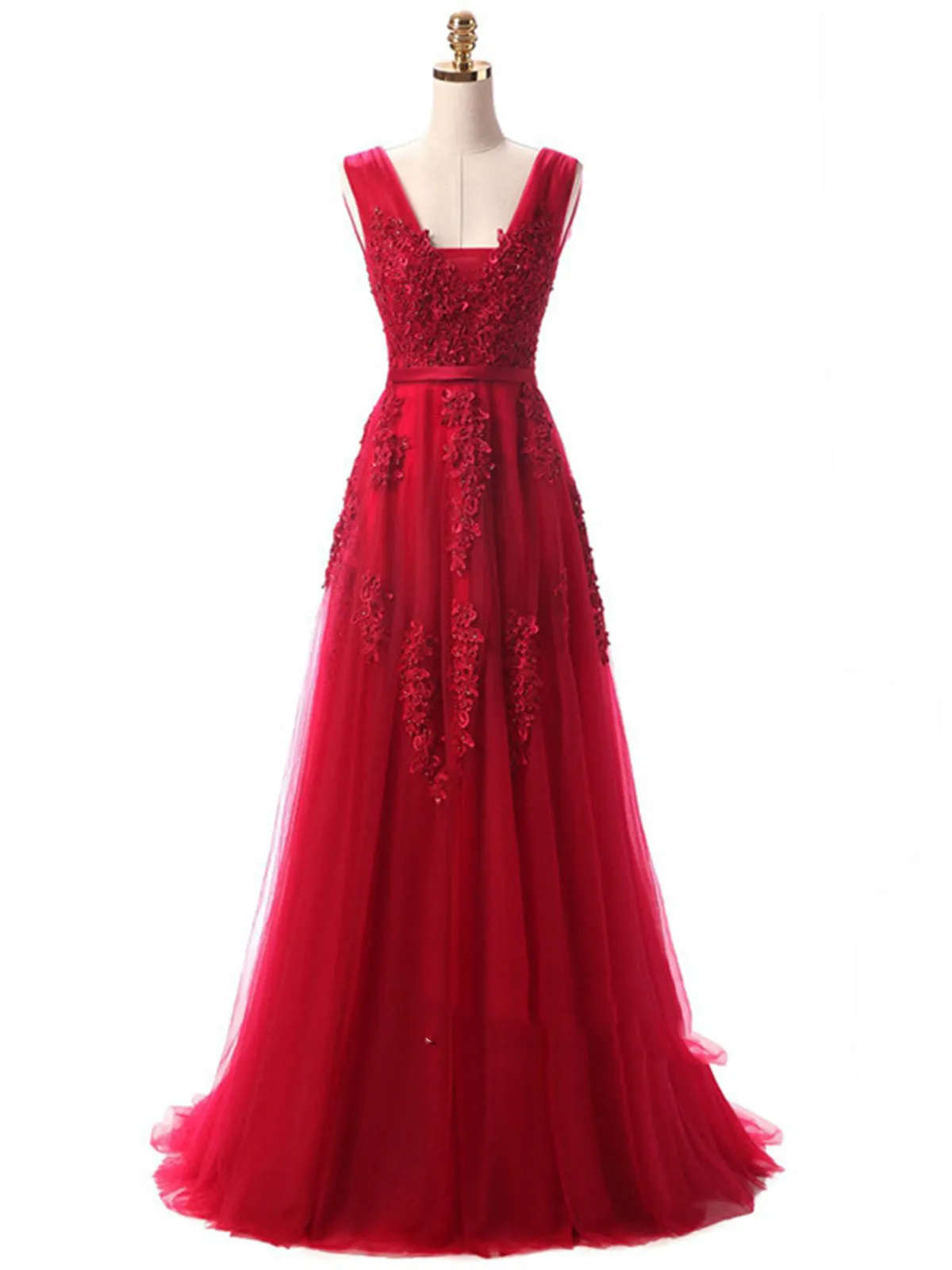 A Line Round Neck Sleeveless Burgundy Lace Prom Dress, Burgundy Lace Bridesmaid Dress