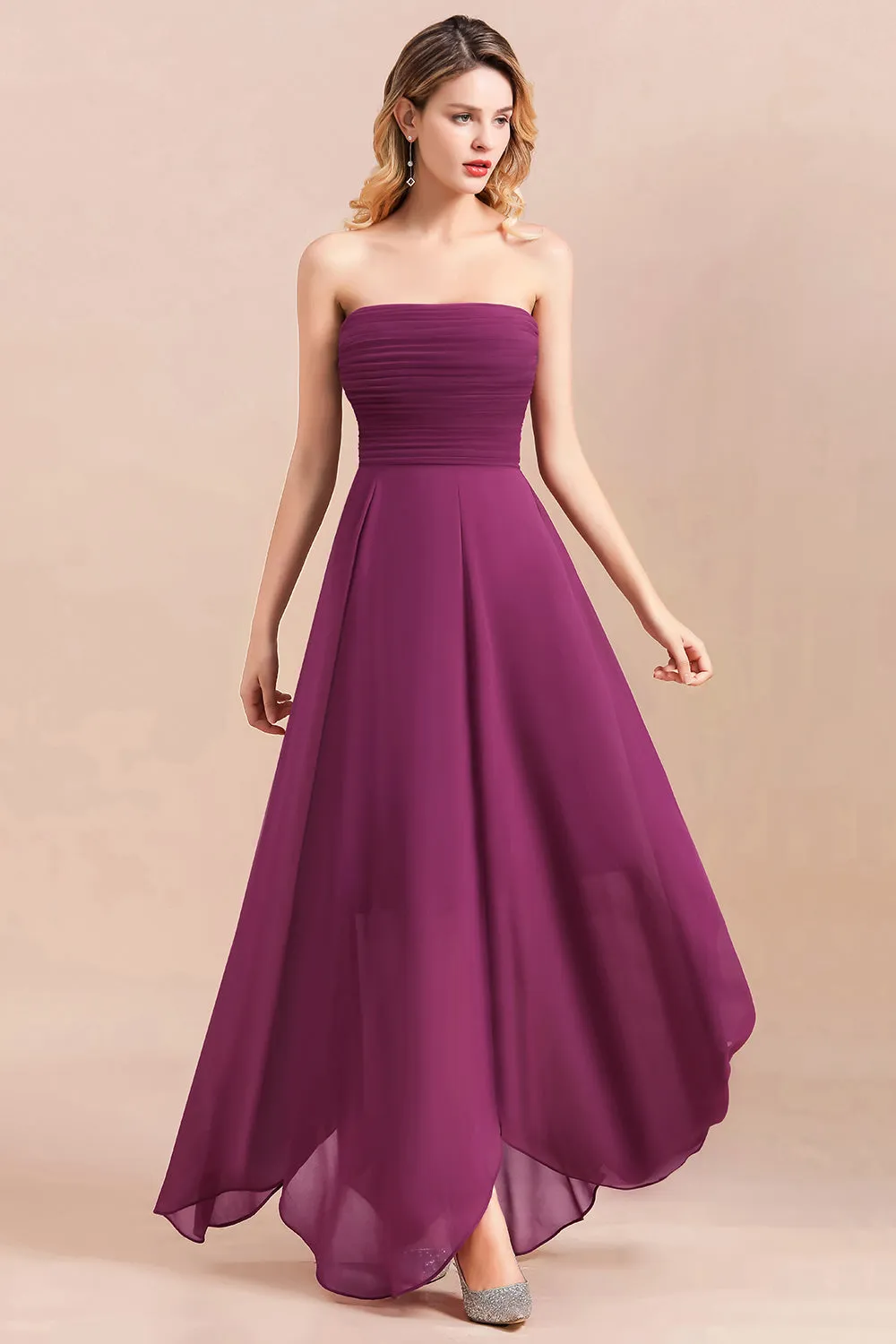 A-Line Strapless Backless Evening Party Dress Charming Chiffon Bridesmaid Dress