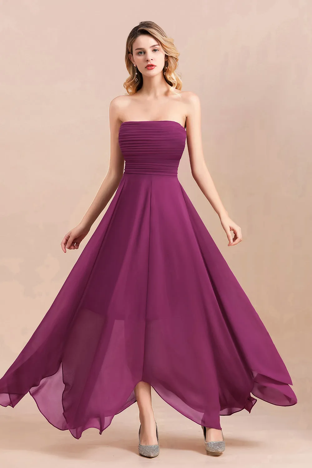 A-Line Strapless Backless Evening Party Dress Charming Chiffon Bridesmaid Dress