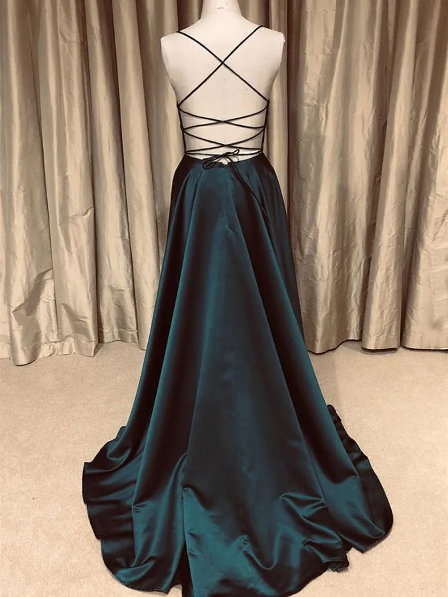 A Line V Neck Backless Long Prom Dresses Simple Dark Green Formal Evening Gowns