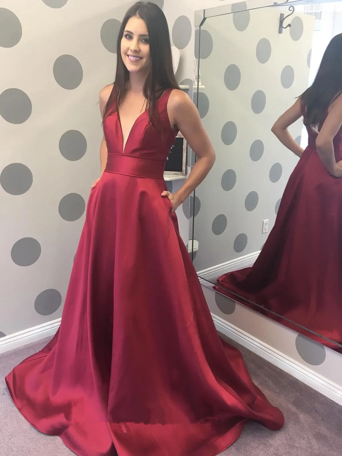 A Line V Neck Burgundy Satin Long Prom Dresses with Pocket, V Neck Burgundy Formal Graduation Evening Dresses SP2179