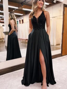 A Line V Neck Open Back Black Sequin Long Prom Dresses with High Slit, V Neck Black Formal Graduation Evening Dresses SP2797