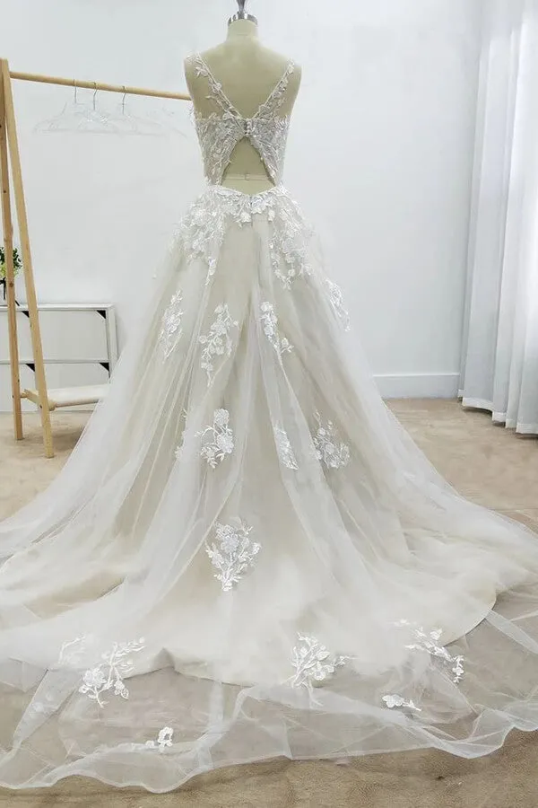 Amazing Long A-line Appliques Lace Tulle Chapel Train Wedding Dress