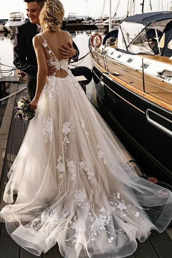 Amazing Long A-line Appliques Lace Tulle Chapel Train Wedding Dress