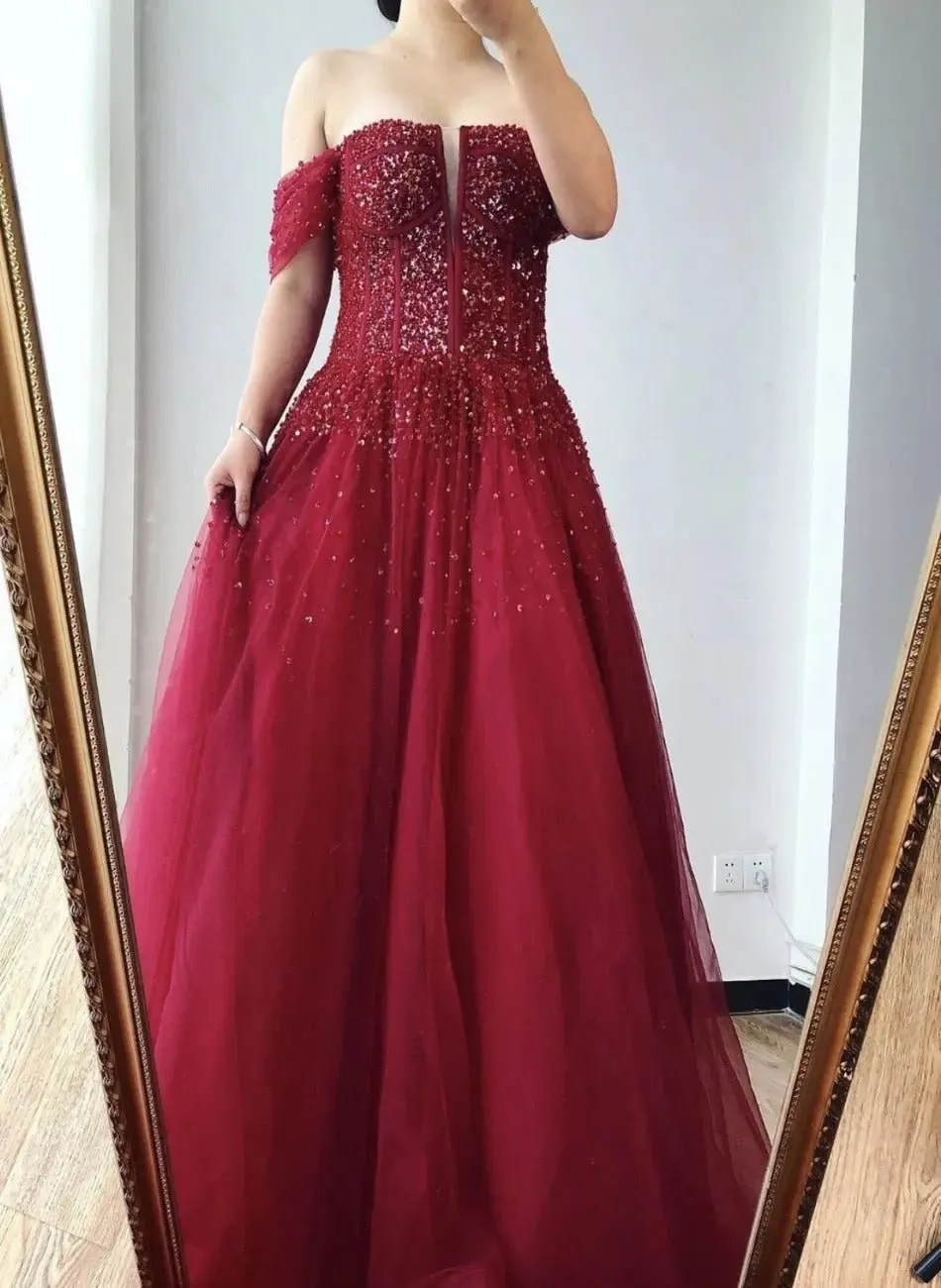 Amey Off Shoulder Beading Sparkle Formal Dress