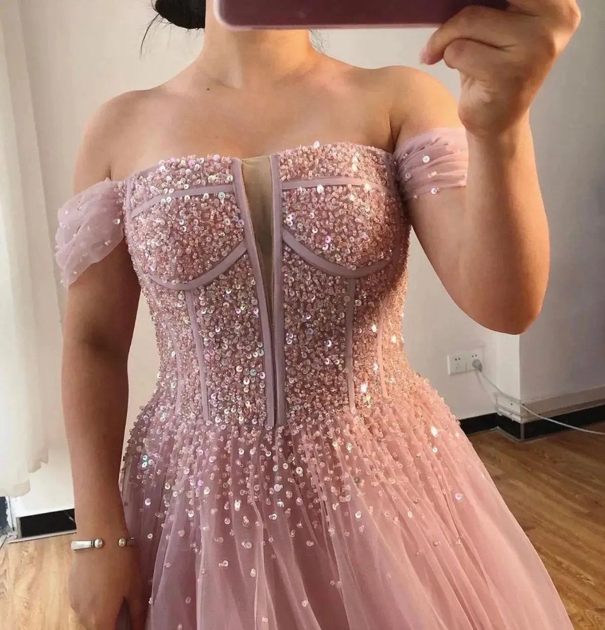 Amey Off Shoulder Beading Sparkle Formal Dress