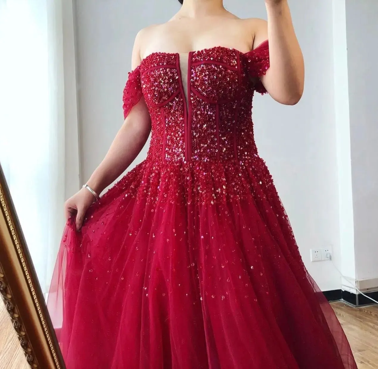 Amey Off Shoulder Beading Sparkle Formal Dress