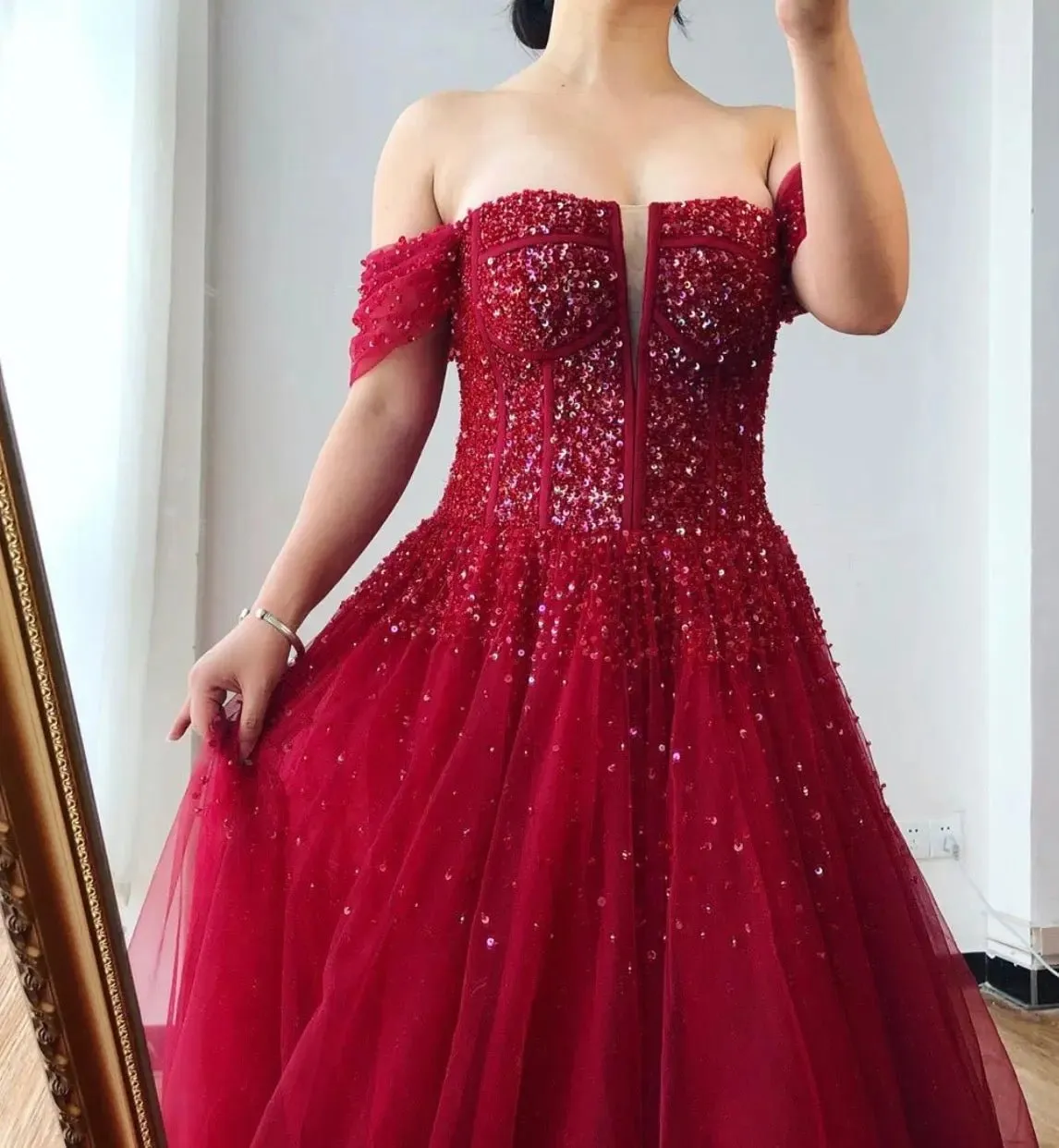 Amey Off Shoulder Beading Sparkle Formal Dress