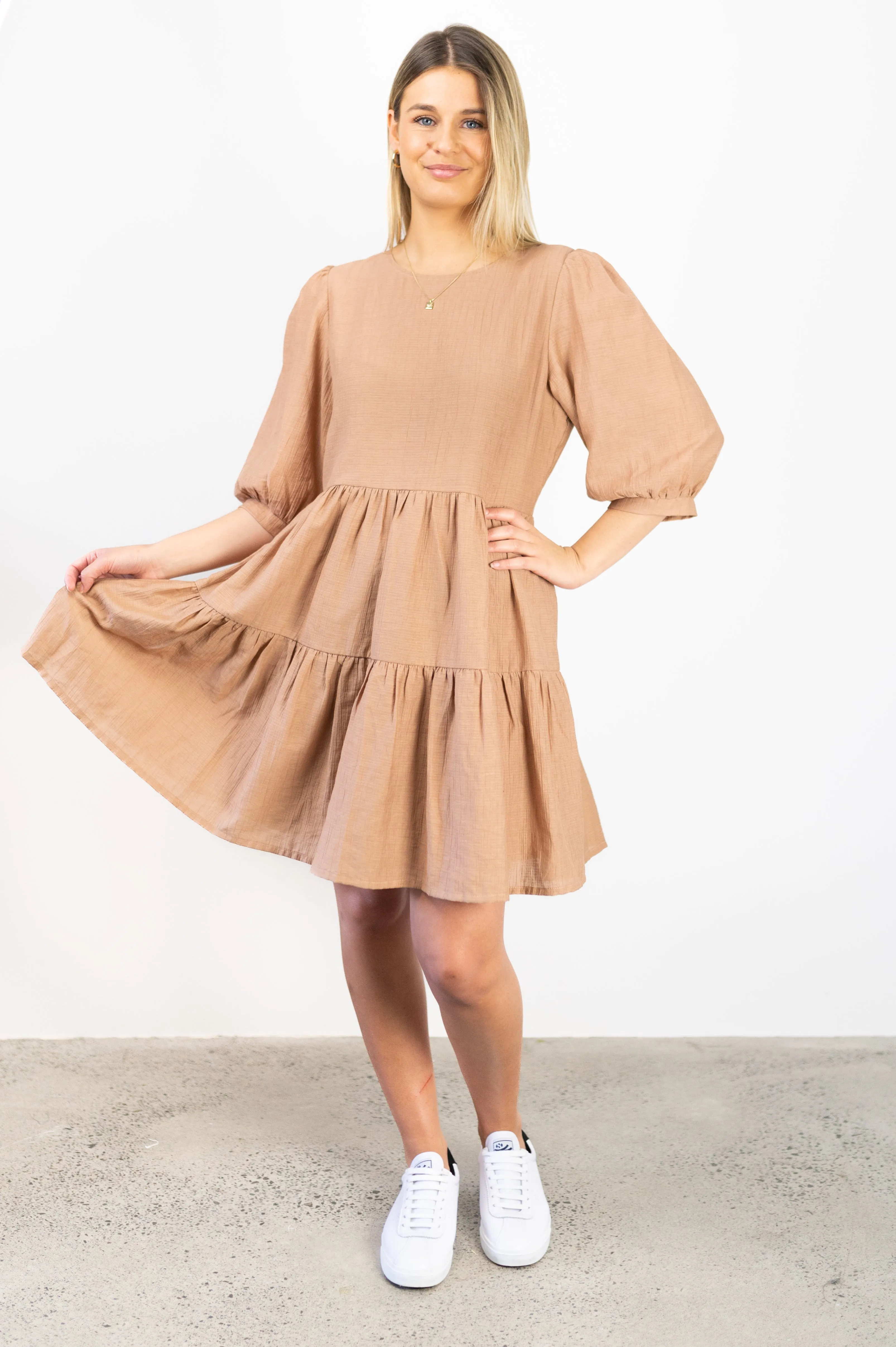 Anytime Caramel Tie Back SS Puff Sleeve Tiered Mini Dress