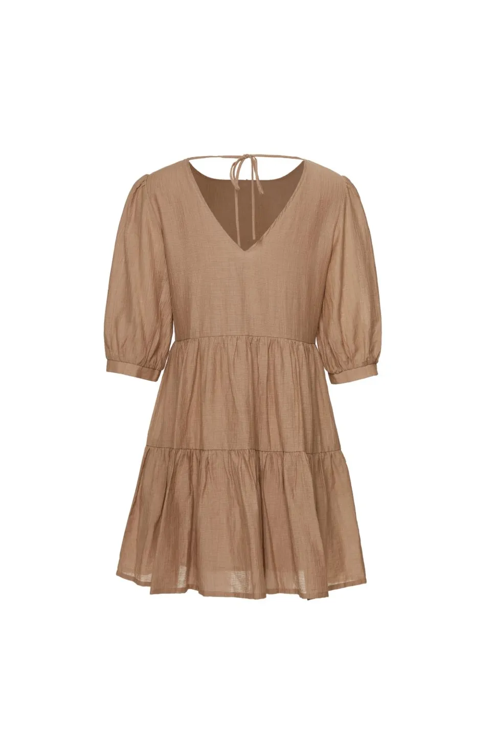 Anytime Caramel Tie Back SS Puff Sleeve Tiered Mini Dress