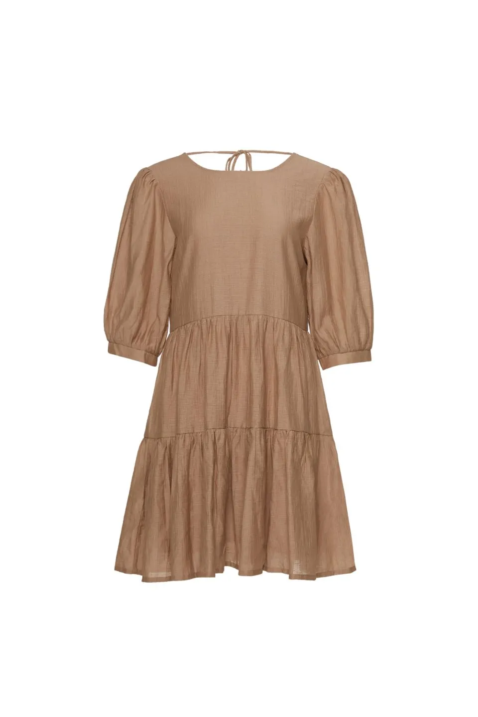 Anytime Caramel Tie Back SS Puff Sleeve Tiered Mini Dress