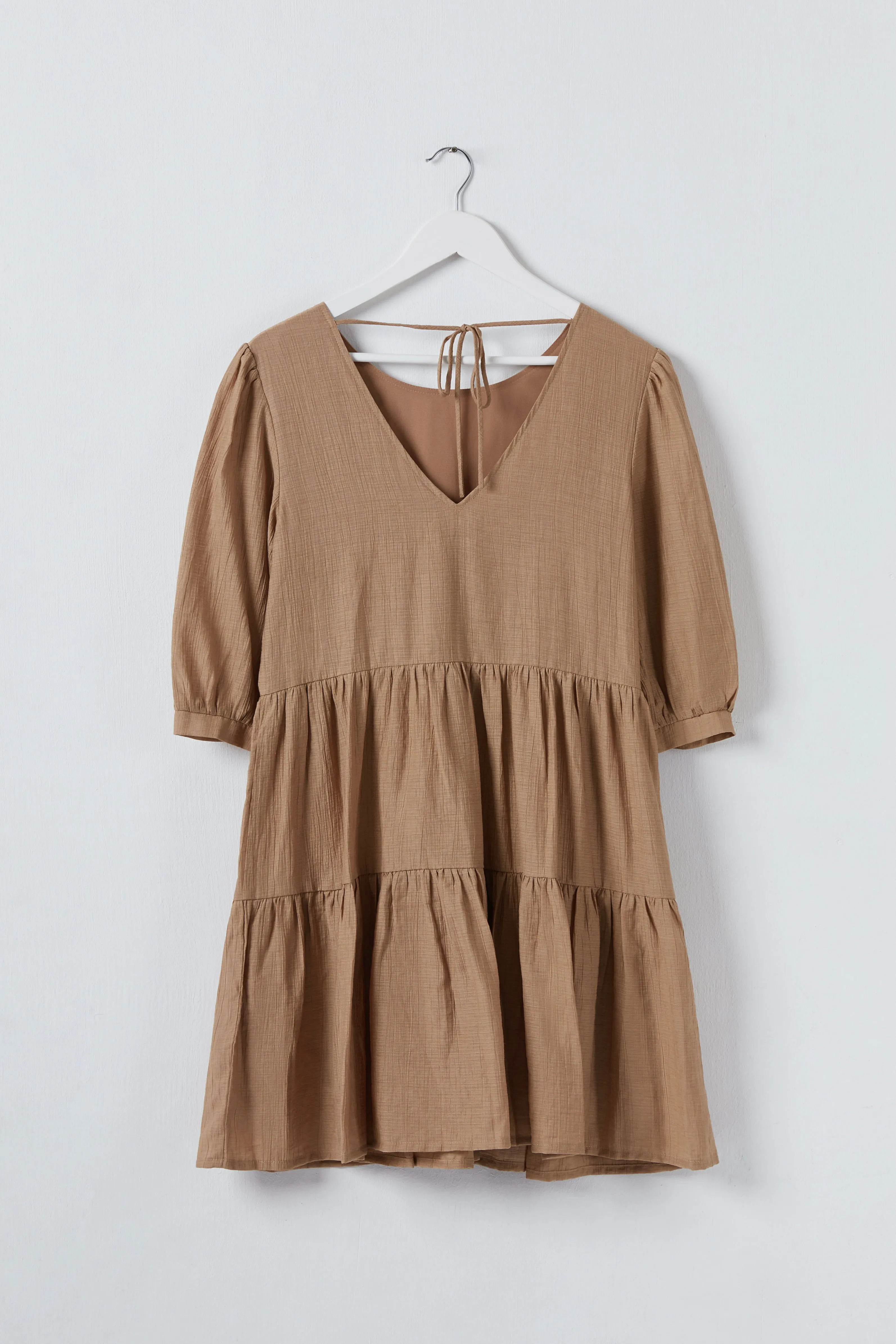 Anytime Caramel Tie Back SS Puff Sleeve Tiered Mini Dress