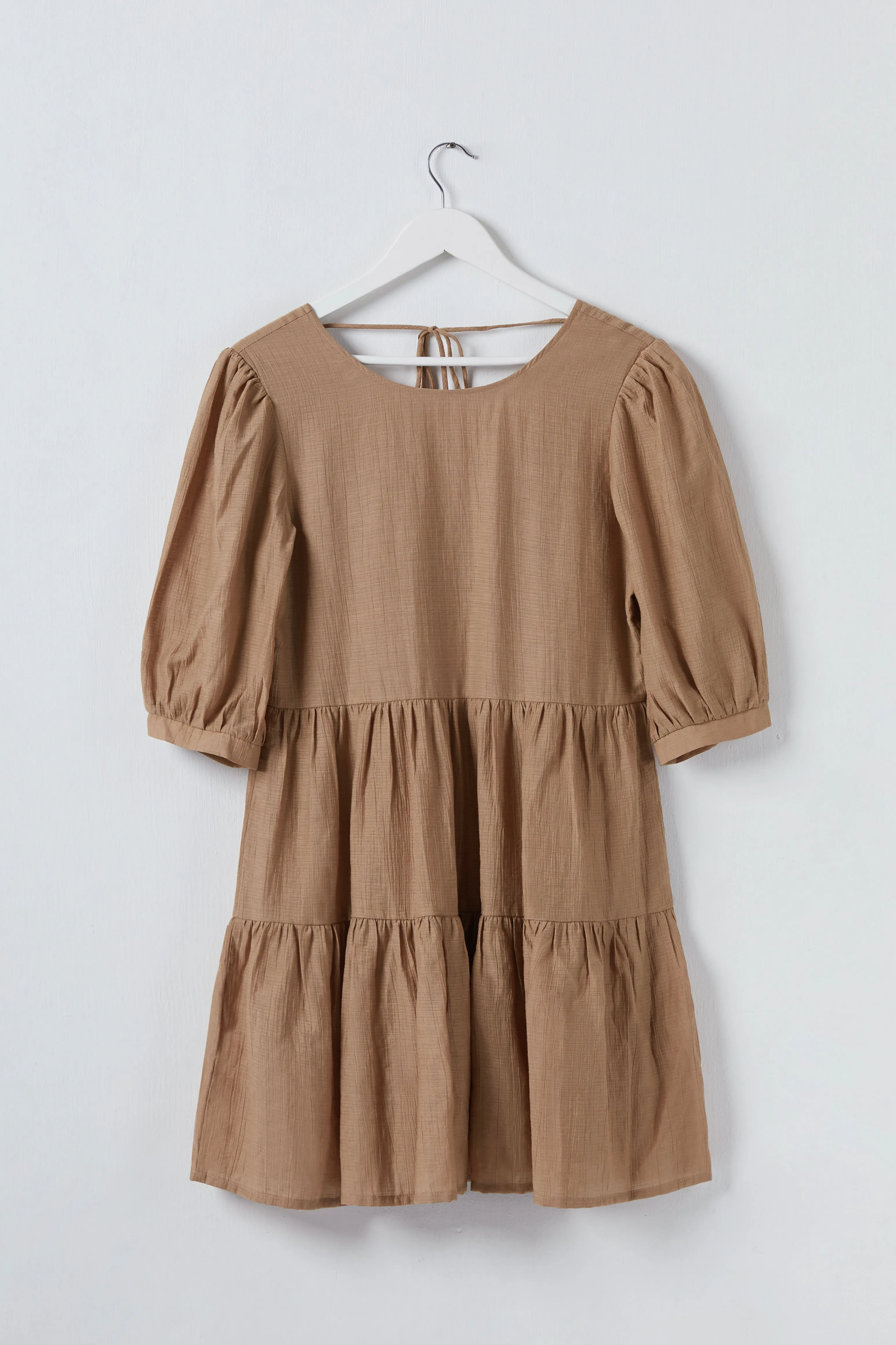 Anytime Caramel Tie Back SS Puff Sleeve Tiered Mini Dress