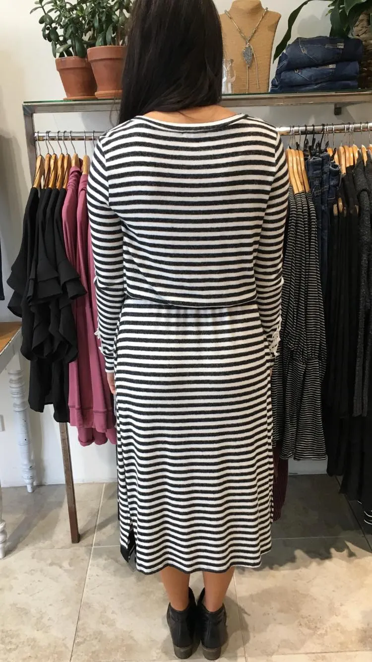 Ava Long Sleeve Midi Dress Charcoal Stripe