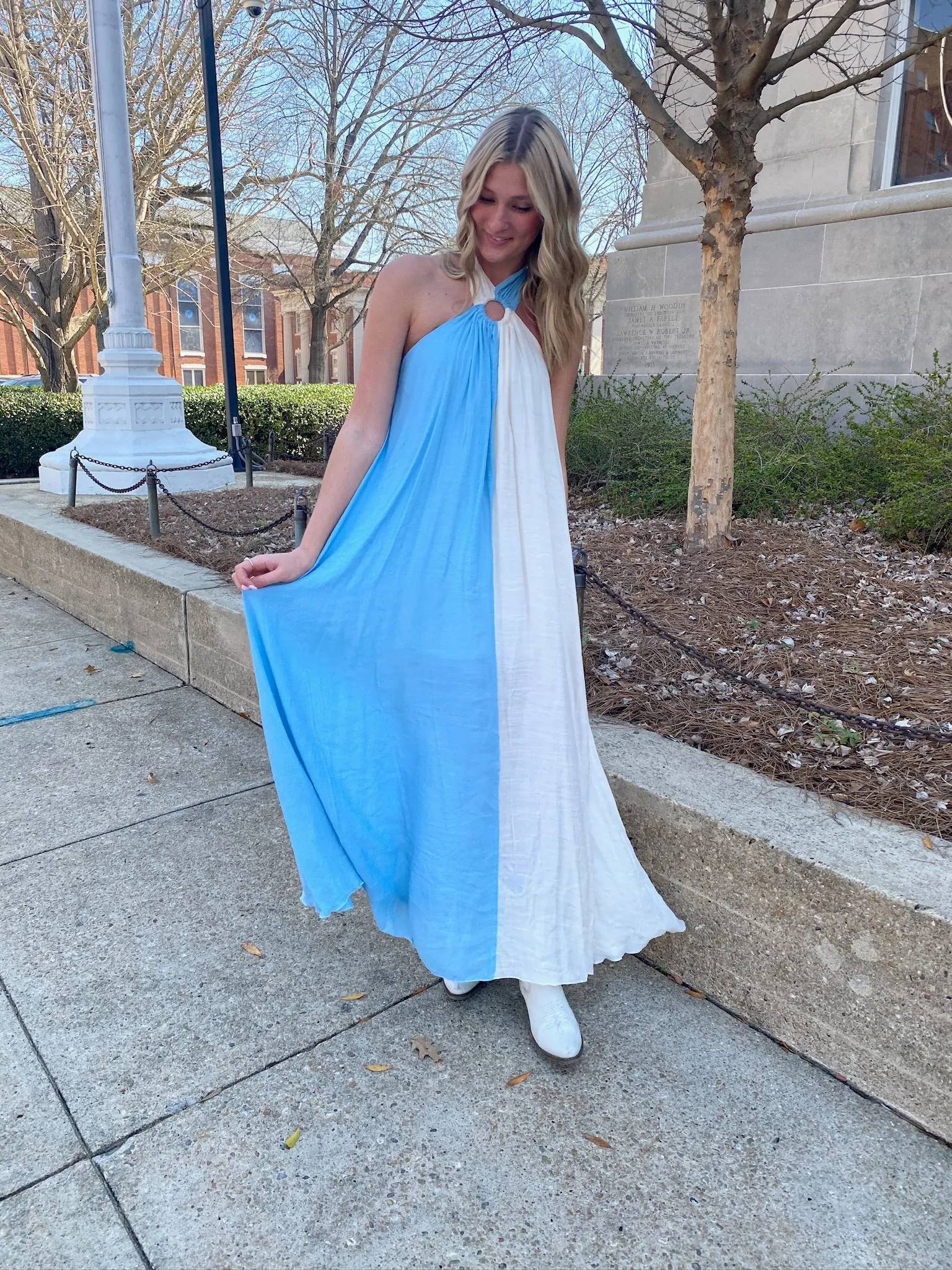 BABY BLUE AND WHITE COLOR BLOCK HALTER MAXI DRESS