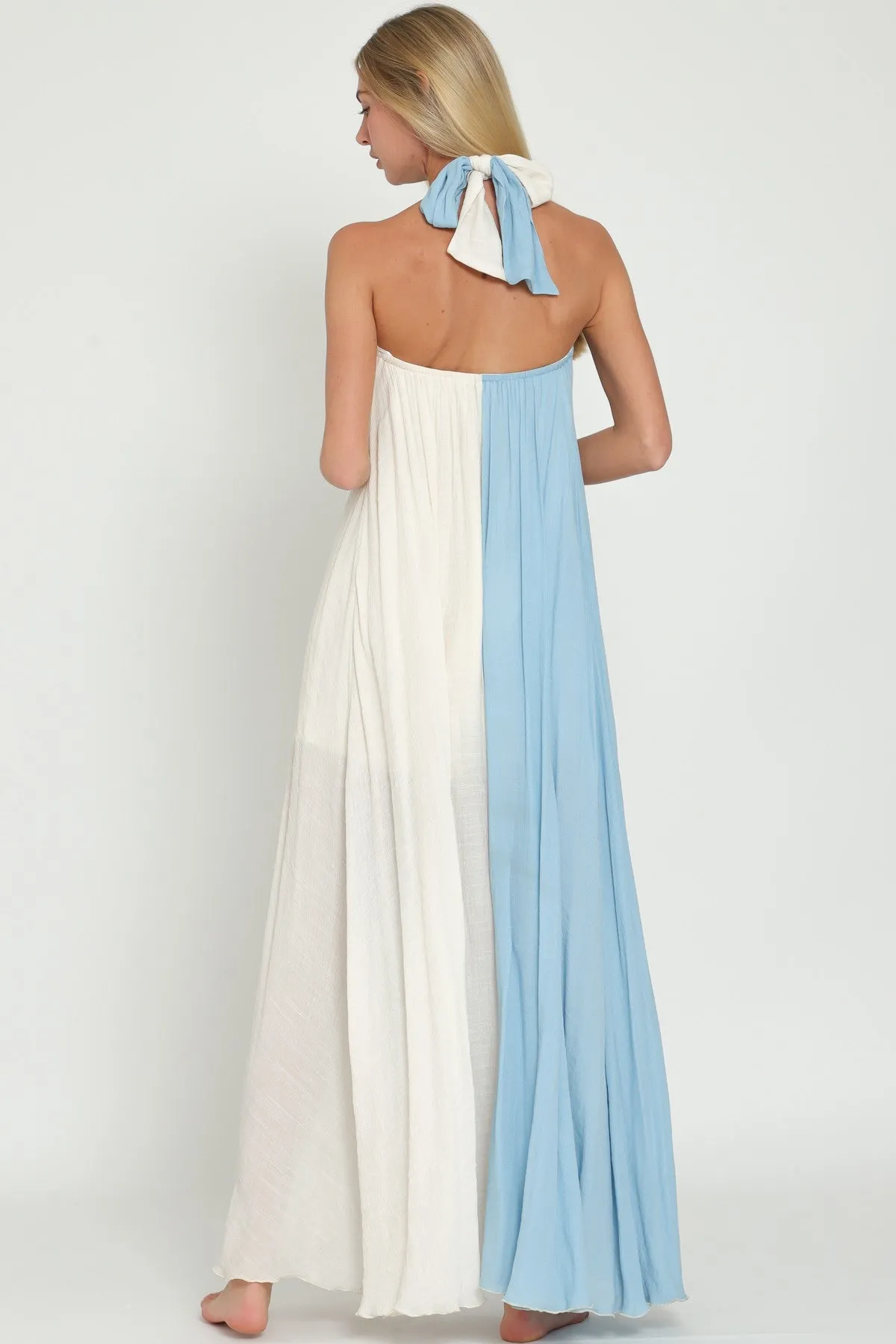 BABY BLUE AND WHITE COLOR BLOCK HALTER MAXI DRESS