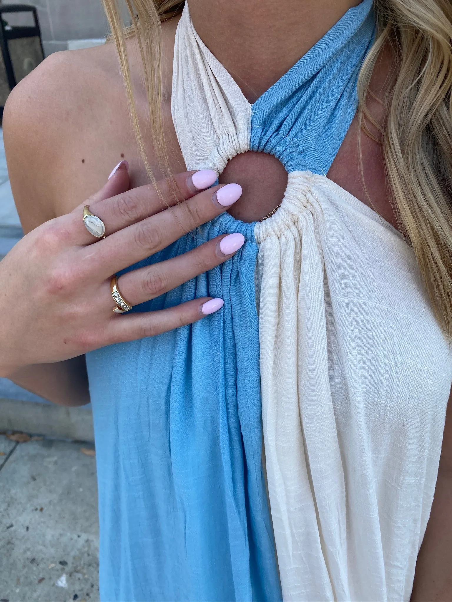 BABY BLUE AND WHITE COLOR BLOCK HALTER MAXI DRESS