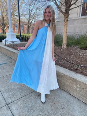 BABY BLUE AND WHITE COLOR BLOCK HALTER MAXI DRESS