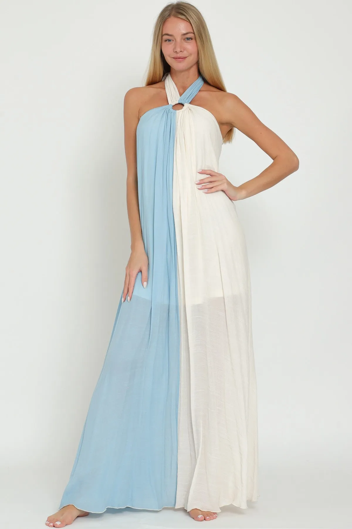 BABY BLUE AND WHITE COLOR BLOCK HALTER MAXI DRESS