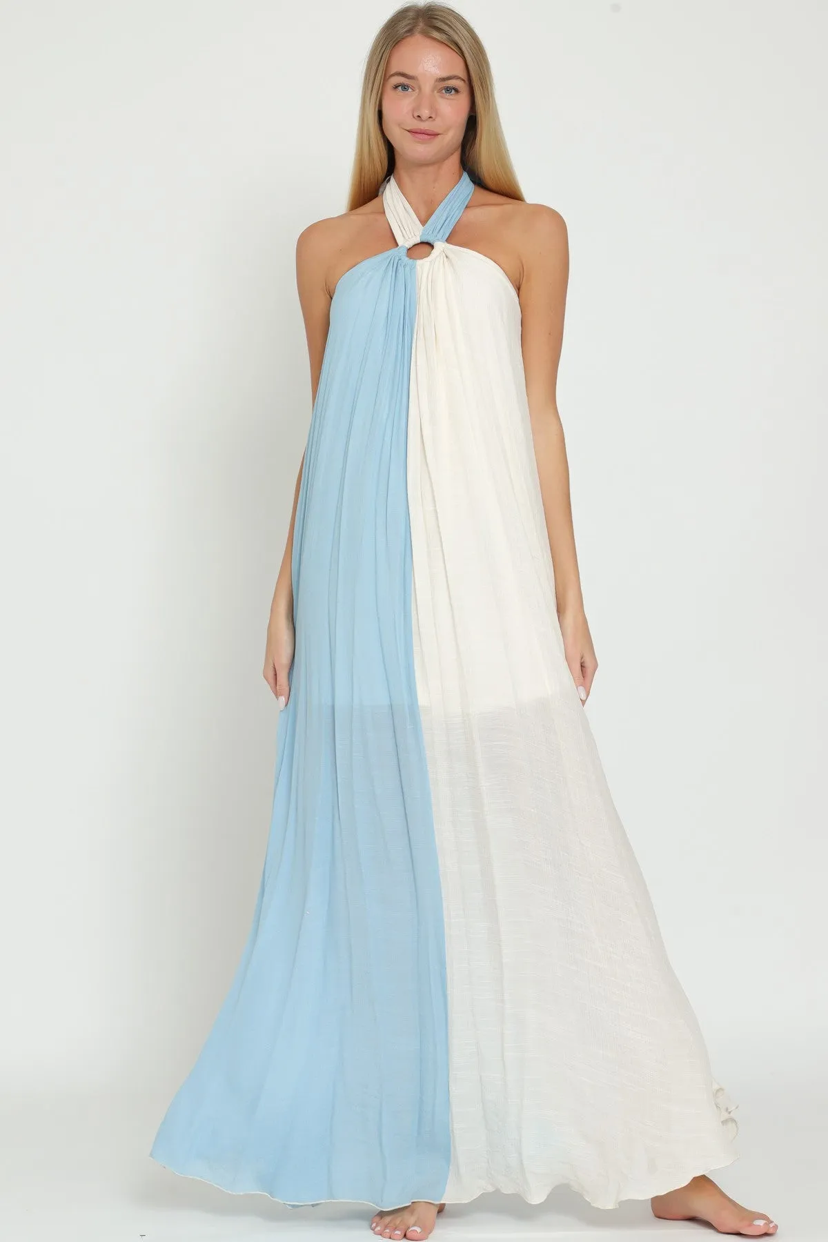 BABY BLUE AND WHITE COLOR BLOCK HALTER MAXI DRESS