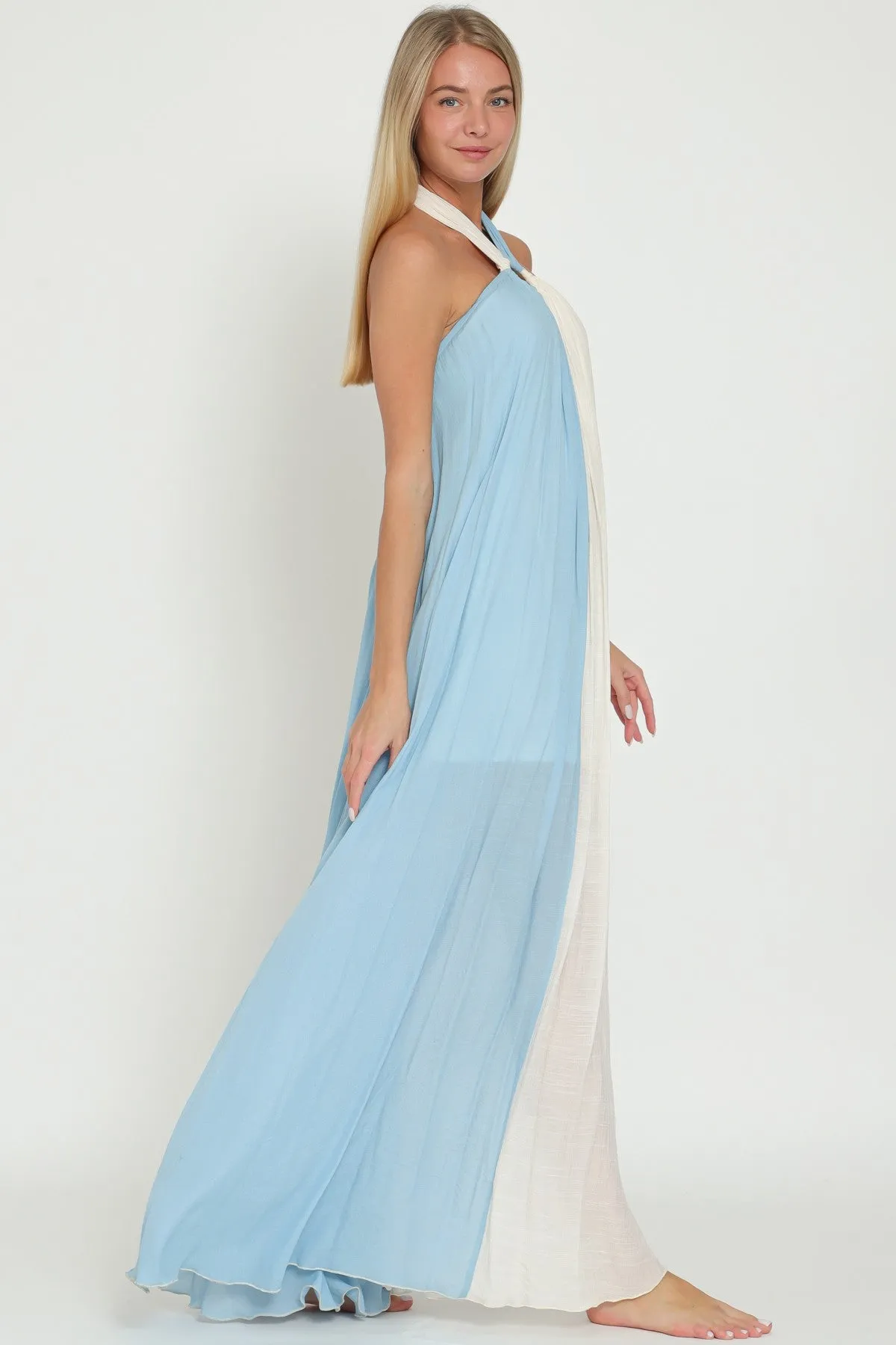 BABY BLUE AND WHITE COLOR BLOCK HALTER MAXI DRESS