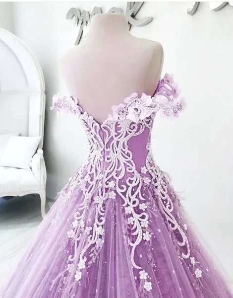 Ball Gown Off the Shoulder V Neck Tulle Lavender Beads Prom Dresses, Quinceanera Dresses STK15562