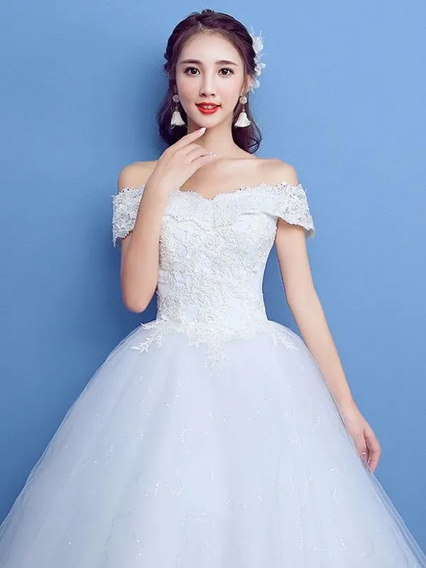 Ball Gown Wedding Dress Princess Silhouette Floor-Length Bateau Neck Short Sleeves Applique Tulle Bridal Gowns