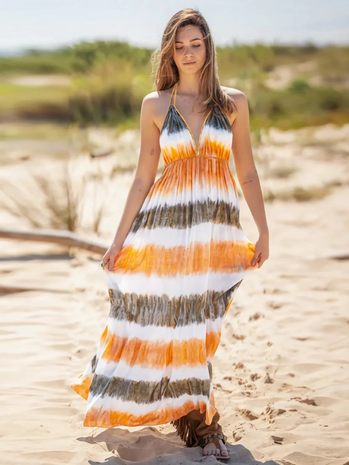 Beach Wedding Guest Attire for Women: Tie-Dye Sleeveless Halter Neck Dress