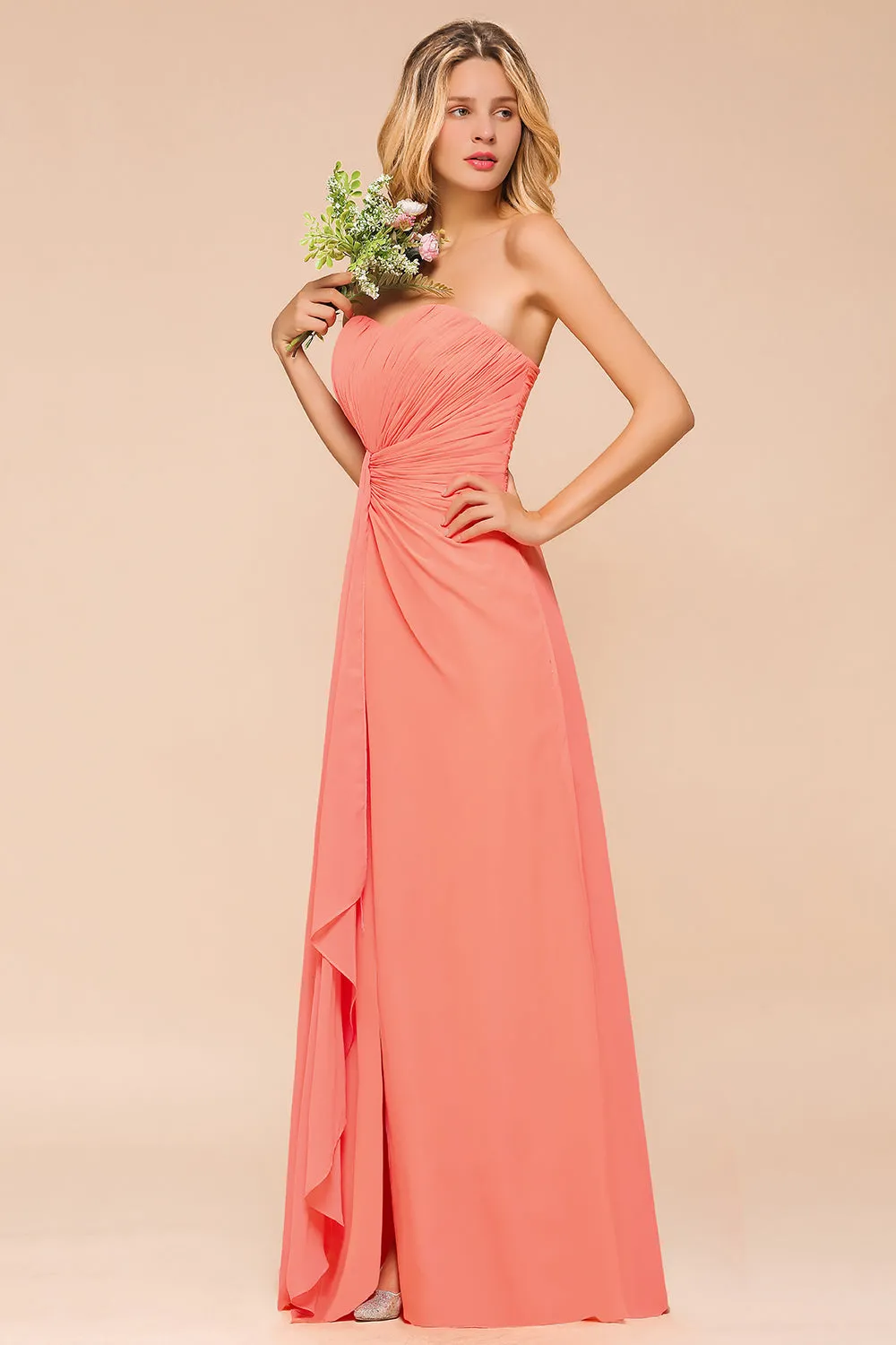 Beautiful Long A-line Strapless Backless Chiffon Bridesmaid Dress With Ruched