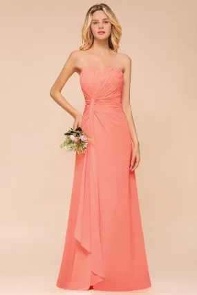 Beautiful Long A-line Strapless Backless Chiffon Bridesmaid Dress With Ruched