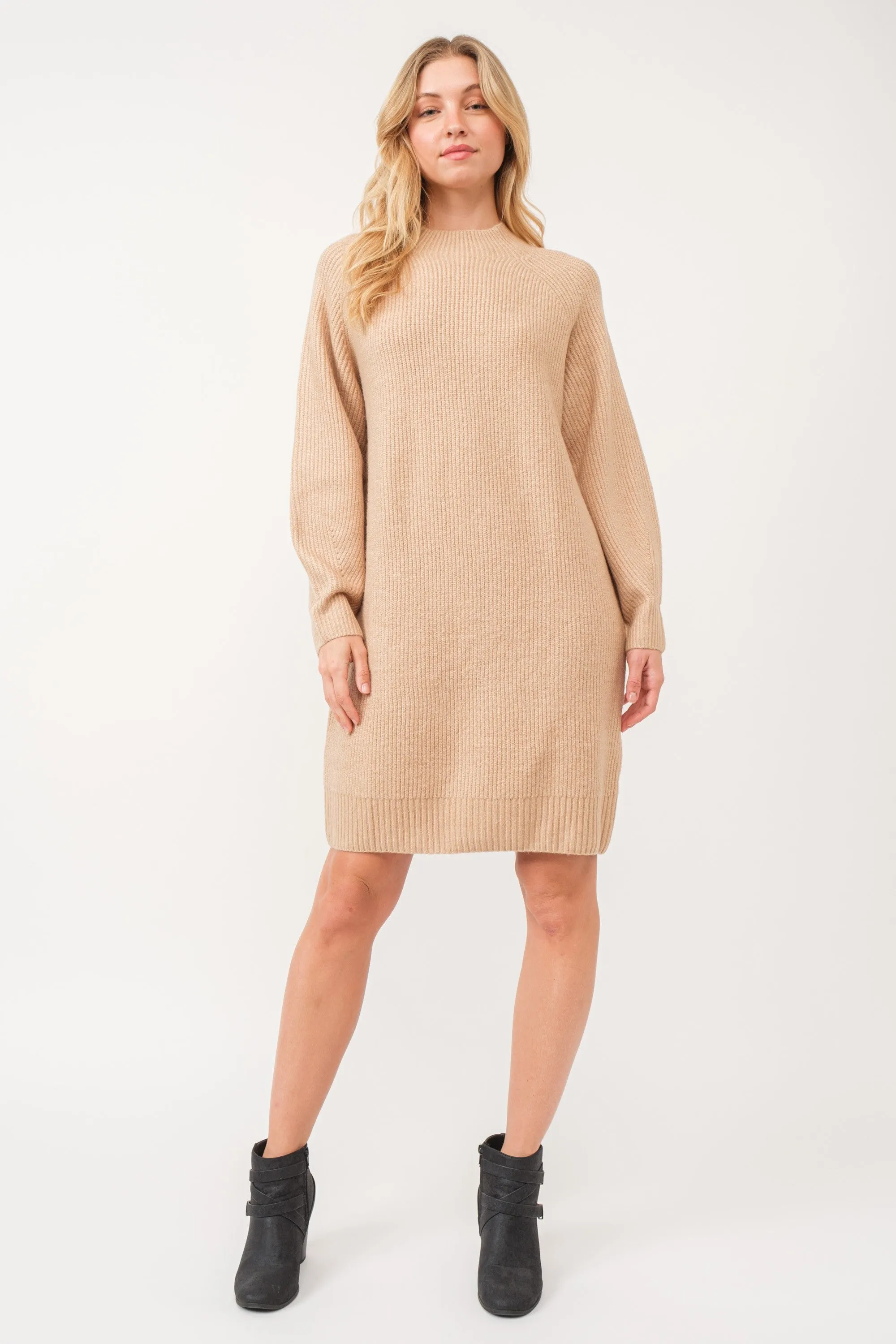 Beige Mock Neck Sweater Dress